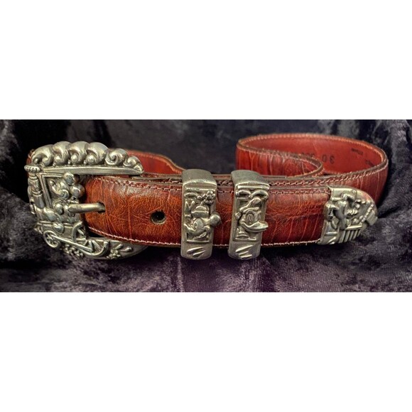 Disney Mickey & Co By Brighton Brown Statement Belt Silver Mickey Train Buckle - Picture 5 of 11